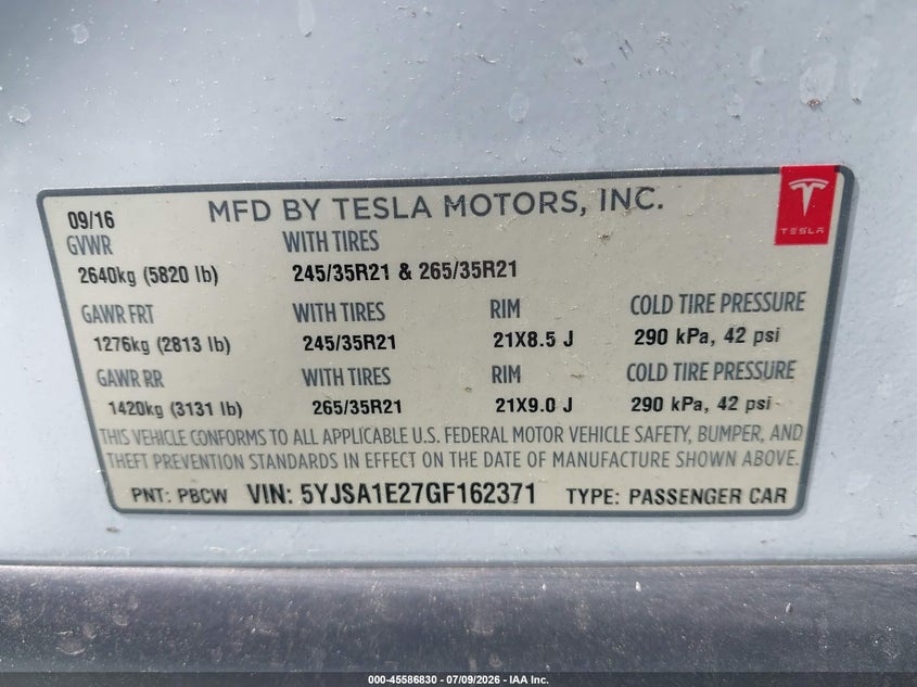 2016 Tesla Model s VIN 5YJSA1E27GF162371 IAAI salvage auction — ELECTRICAL, Salvage Title, sold $7,750 on 2026-07-22 (photo 9)