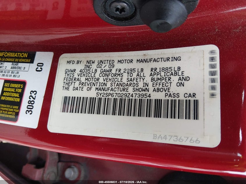 2009 Pontiac Vibe VIN 5Y2SP67029Z473954 IAAI salvage auction — NORMAL WEAR, Clear (Virginia), sold $500 on 2026-07-17 (photo 9)