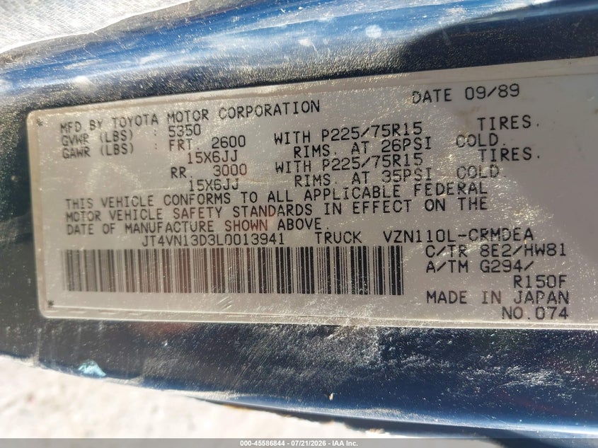 1990 Toyota Pickup VIN JT4VN13D3L0013941 IAAI salvage auction — NORMAL WEAR, Clear (New Mexico), sold $2,550 on 2026-07-29 (photo 9)