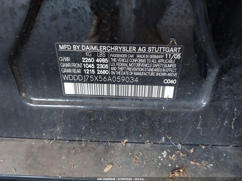 2006 Mercedes-benz Cls-class VIN WDDDJ75X56A059034 IAAI salvage auction — NORMAL WEAR, Clear - Dealer Only (California), sold $425 on 2026-07-28 (photo 9)