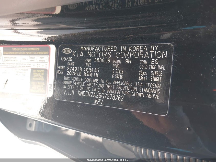2016 Kia Soul VIN KNDJN2A26G7378262 IAAI salvage auction — NORMAL WEAR, Original (Texas), sold $900 on 2026-07-29 (photo 9)