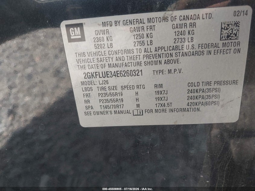 2014 Gmc Terrain VIN 2GKFLUE34E6260321 IAAI salvage auction — NORMAL WEAR, Repossession Paperwork (Georgia), sold $650 on 2026-08-02 (photo 9)