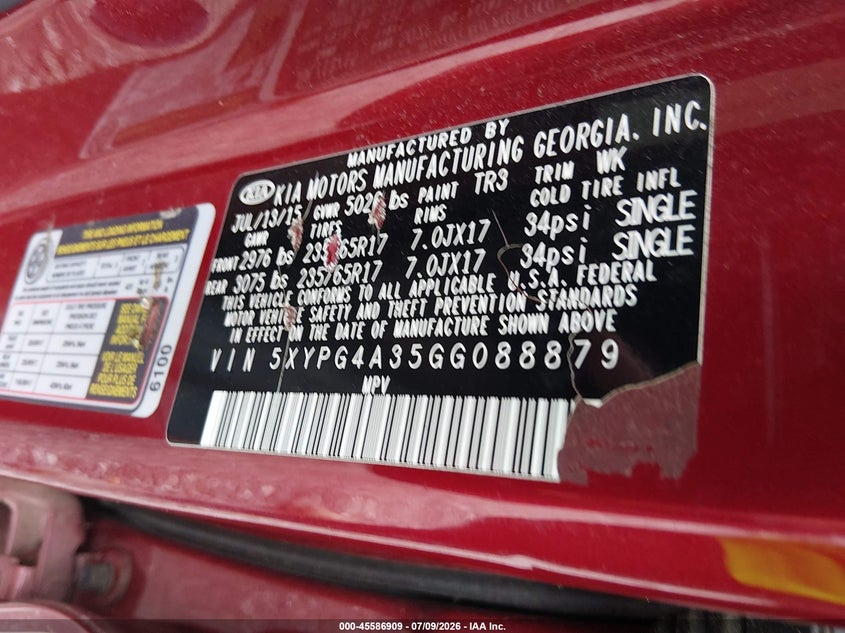 2016 Kia Sorento VIN 5XYPG4A35GG088879 IAAI salvage auction — NORMAL WEAR, Repossession Paperwork (South Carolina), sold $825 on 2026-07-28 (photo 9)