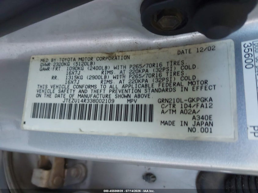 2003 Toyota 4runner VIN JTEZU14R338002109 IAAI salvage auction — NORMAL WEAR, Clear, sold $950 on 2026-07-28 (photo 9)