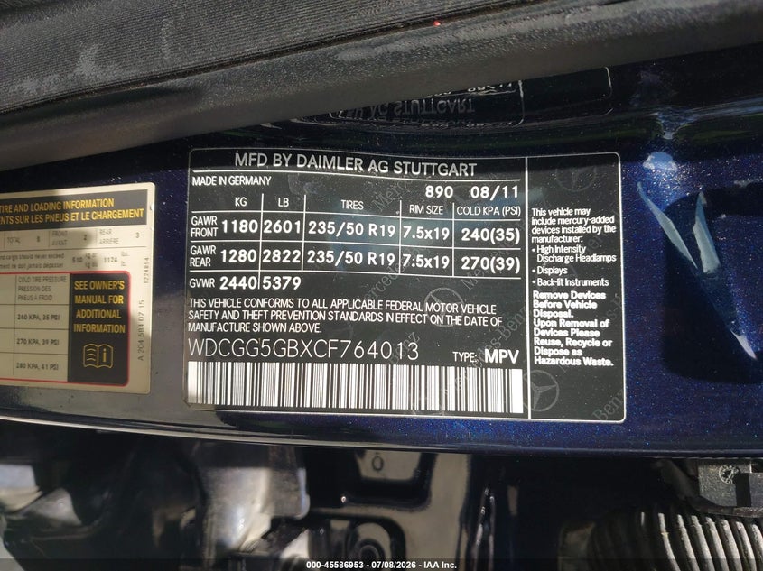 2012 Mercedes-benz Glk-class VIN WDCGG5GBXCF764013 IAAI salvage auction — NORMAL WEAR, Clear (Alabama), sold $300 on 2026-08-11 (photo 9)
