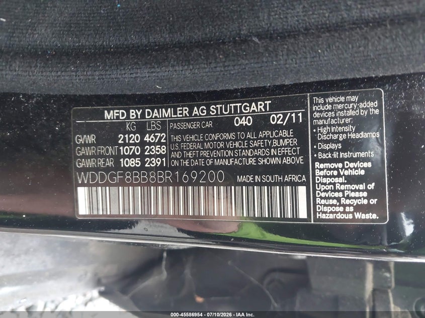 2011 Mercedes-benz C class VIN WDDGF8BB8BR169200 IAAI salvage auction — NORMAL WEAR, Repossession Paperwork (Georgia), sold $400 on 2026-08-11 (photo 9)