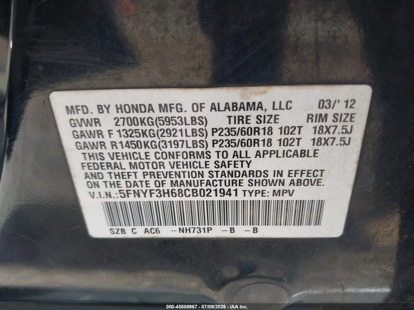 2012 Honda Pilot VIN 5FNYF3H68CB021941 IAAI salvage auction — NORMAL WEAR, Clear (Mississippi), sold $650 on 2026-08-02 (photo 9)