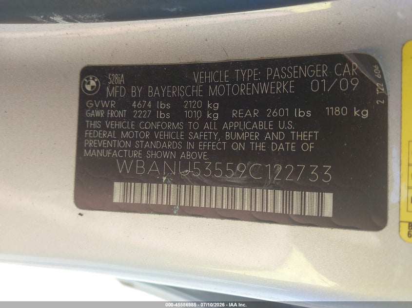 2009 BMW 5 series VIN WBANU53559C122733 IAAI salvage auction — NORMAL WEAR, Clear (Tennessee), sold $225 on 2026-08-04 (photo 9)