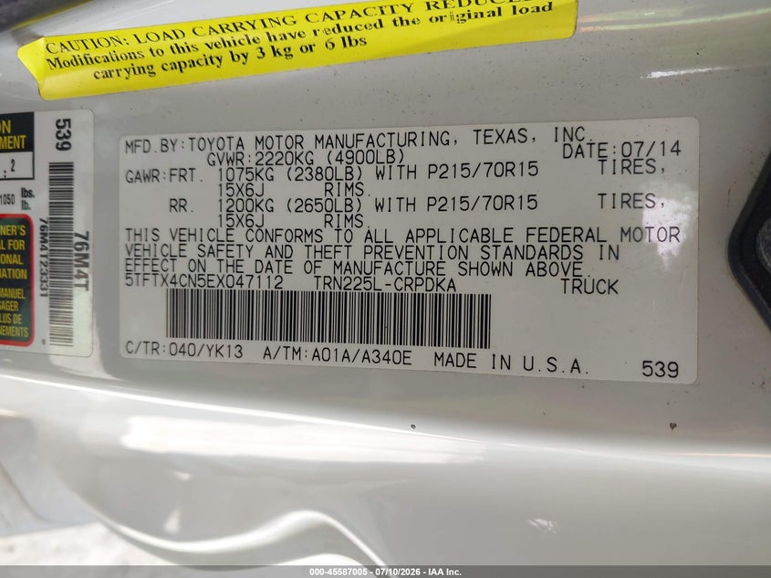 2014 Toyota Tacoma VIN 5TFTX4CN5EX047112 IAAI salvage auction — NORMAL WEAR, Original (Texas), sold $3,250 on 2026-07-29 (photo 9)