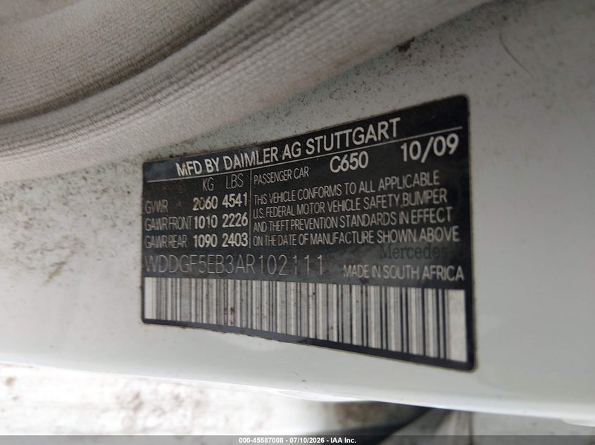 2010 Mercedes-benz C class VIN WDDGF5EB3AR102111 IAAI salvage auction — NORMAL WEAR, Repossession Paperwork (South Carolina), sold $525 on 2026-08-04 (photo 9)