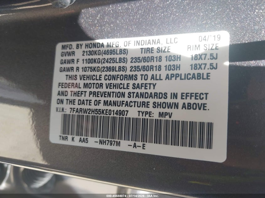 2019 Honda Cr-v VIN 7FARW2H55KE014907 IAAI salvage auction — REAR END, Salvage Title, sold $25 on 2026-07-31 (photo 9)