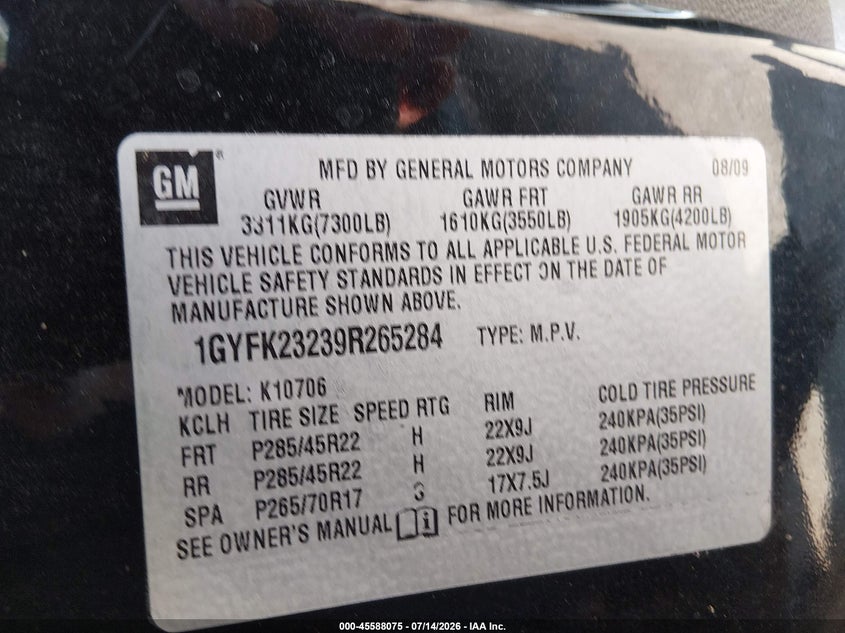 2009 Cadillac Escalade VIN 1GYFK23239R265284 IAAI salvage auction — LEFT REAR, Salvage (Ohio), sold $25 on 2026-07-31 (photo 9)