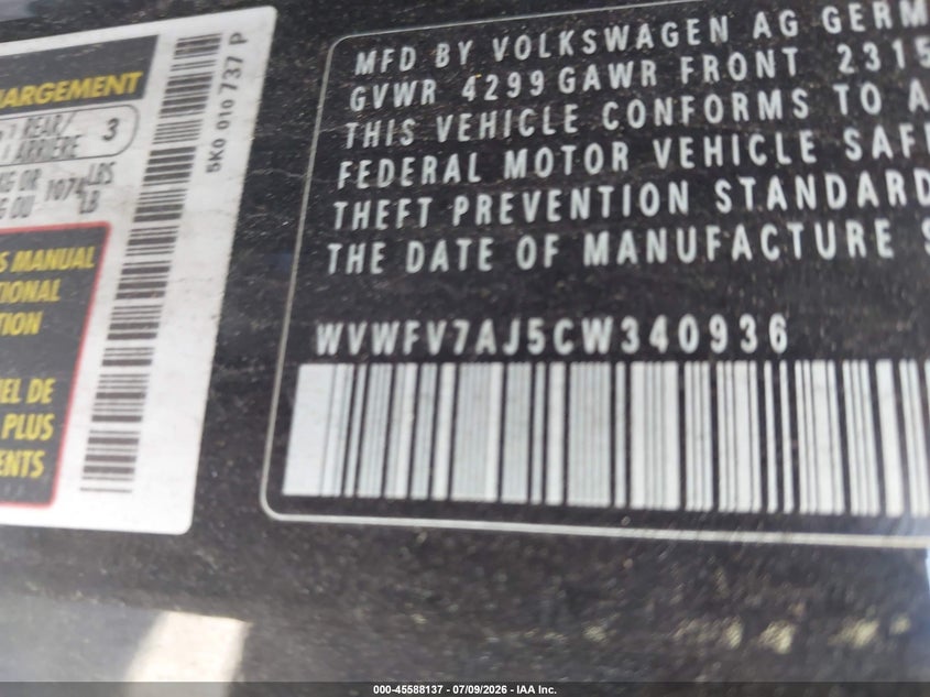 2012 Volkswagen Gti VIN WVWFV7AJ5CW340936 IAAI salvage auction — LEFT FRONT, Non-Repairable (Texas), sold $25 on 2026-07-28 (photo 9)