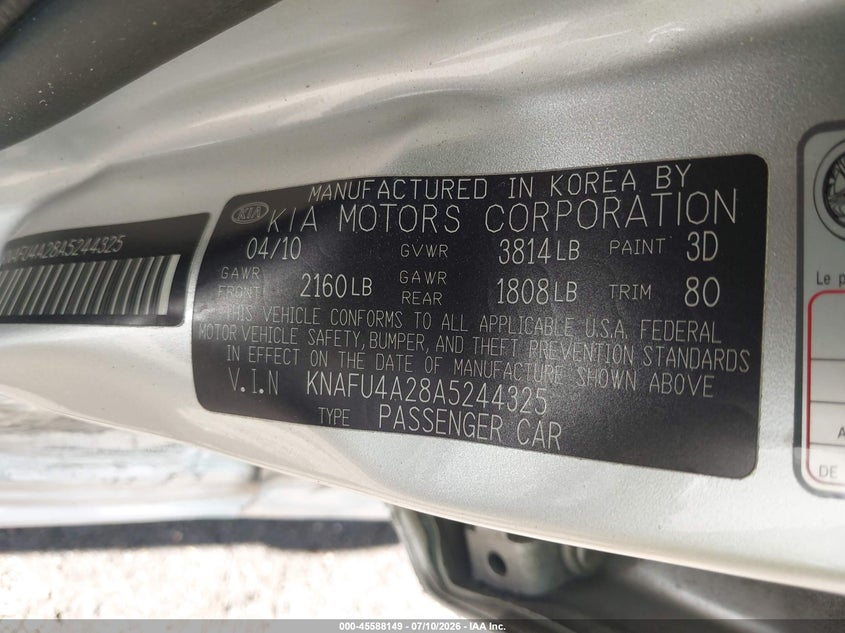 2010 Kia Forte VIN KNAFU4A28A5244325 IAAI salvage auction — SIDE, Clear (Virginia), sold $550 on 2026-07-25 (photo 9)