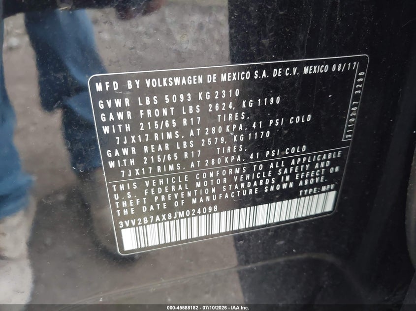 2018 Volkswagen Tiguan VIN 3VV2B7AX8JM024098 IAAI salvage auction — LEFT FRONT, Salvage (Pennsylvania), sold $3,850 on 2026-08-01 (photo 9)