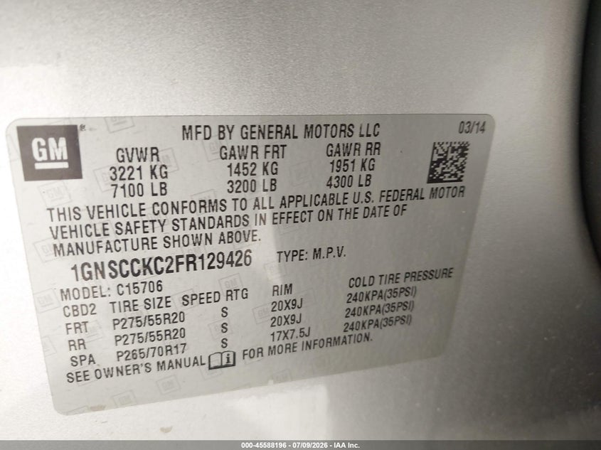 2015 Chevrolet Tahoe VIN 1GNSCCKC2FR129426 IAAI salvage auction — LEFT FRONT, Original (Texas), sold $2,075 on 2026-08-20 (photo 9)