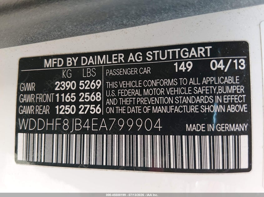 2014 Mercedes-benz E-klasse VIN WDDHF8JB4EA799904 IAAI salvage auction — LEFT FRONT, Salvage (New Jersey), sold $2,550 on 2026-08-01 (photo 9)