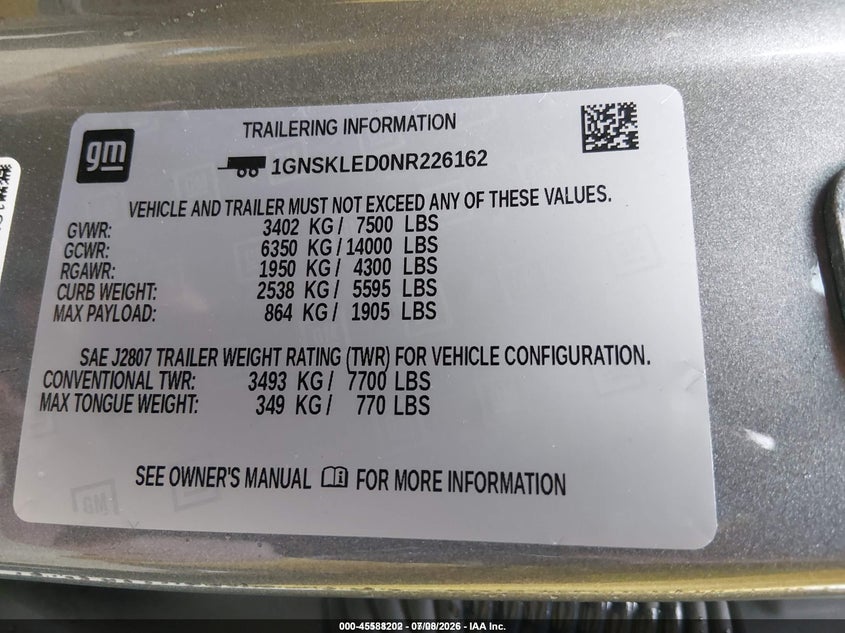 2022 Chevrolet Tahoe VIN 1GNSKLED0NR226162 IAAI salvage auction — FRONT END, SF97 (Ohio), sold $24,350 on 2026-08-27 (photo 9)