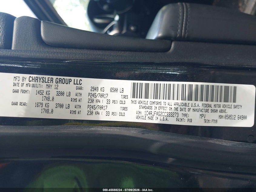 2012 Jeep Grand cherokee VIN 1C4RJFAG2CC333273 IAAI salvage auction — FRONT & REAR, Clear (Virginia), sold $1,525 on 2026-08-15 (photo 9)