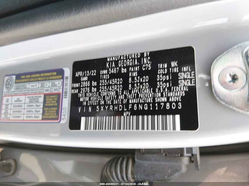 2022 Kia Sorento VIN 5XYRHDLF6NG117803 IAAI salvage auction — FRONT END, Salvage (Virginia), sold $8,400 on 2026-07-31 (photo 9)