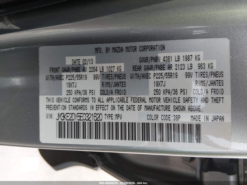 2014 Mazda Cx-5 VIN JM3KE2DY5E0321620 IAAI salvage auction — REAR END, Salvage Title, sold $3,200 on 2026-07-30 (photo 9)