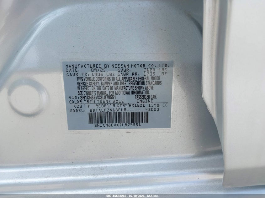 2025 Nissan Versa VIN 3N1CN8EVXSL879551 IAAI salvage auction — HAIL, Salvage Title, sold $8,800 on 2026-08-10 (photo 9)