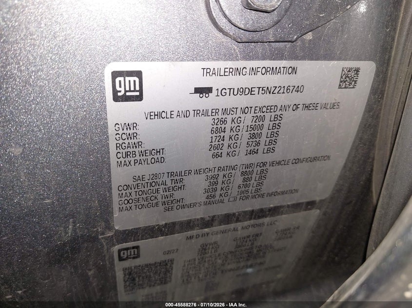 2022 Gmc SIERRA VIN 1GTU9DET5NZ216740 IAAI salvage auction — REAR END, Salvage (Pennsylvania), sold $12,000 on 2026-07-23 (photo 9)