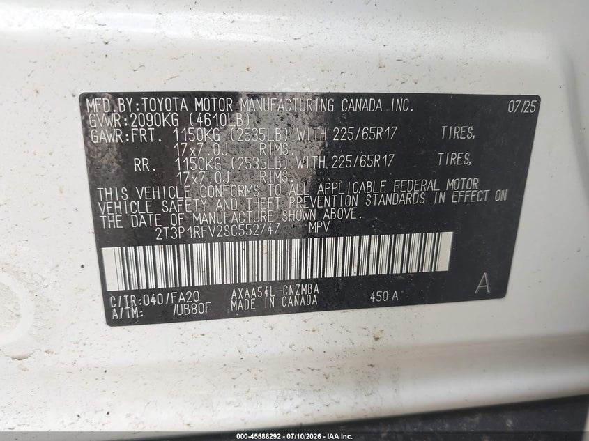 2025 Toyota Rav 4 VIN 2T3P1RFV2SC552747 IAAI salvage auction — FRONT END, Mv-907A (New York), sold $12,200 on 2026-07-29 (photo 9)
