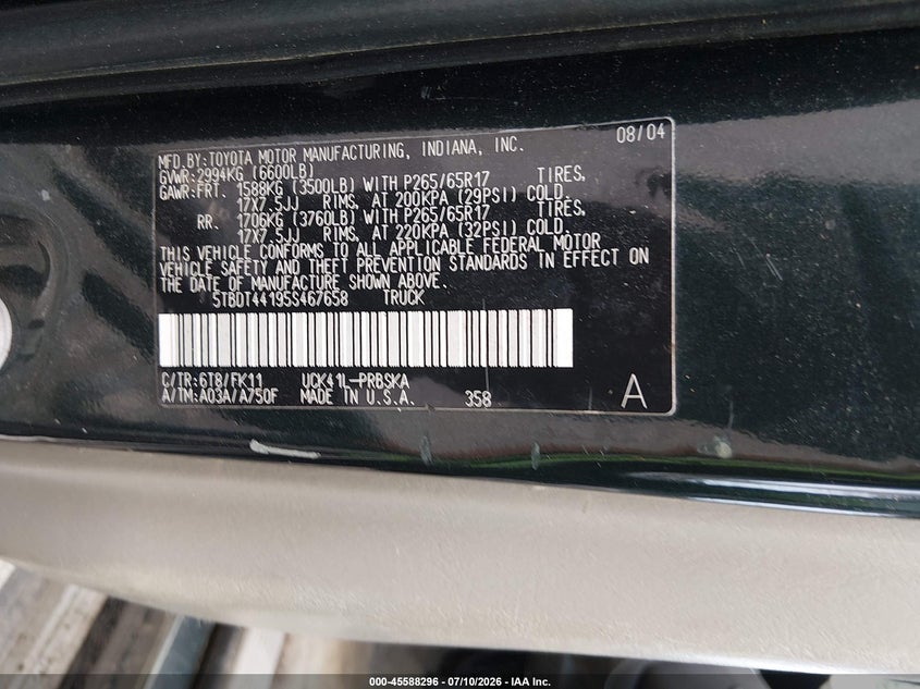 2005 Toyota Tundra VIN 5TBDT44195S467658 IAAI salvage auction — NORMAL WEAR, Clear (New Jersey), sold $1,025 on 2026-07-28 (photo 9)