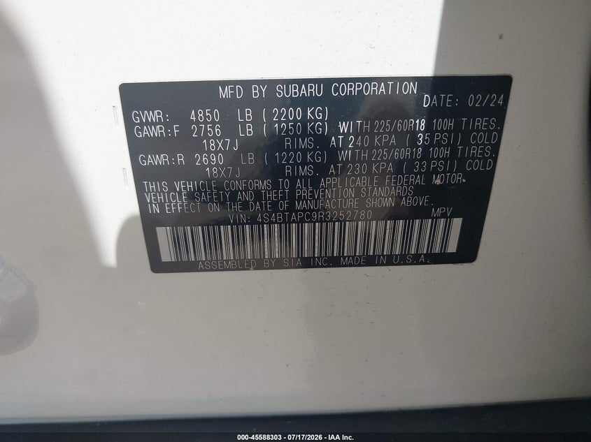 2024 Subaru Outback VIN 4S4BTAPC9R3252780 IAAI salvage auction — FRONT END, Original (Texas), sold $10,400 on 2026-08-20 (photo 9)