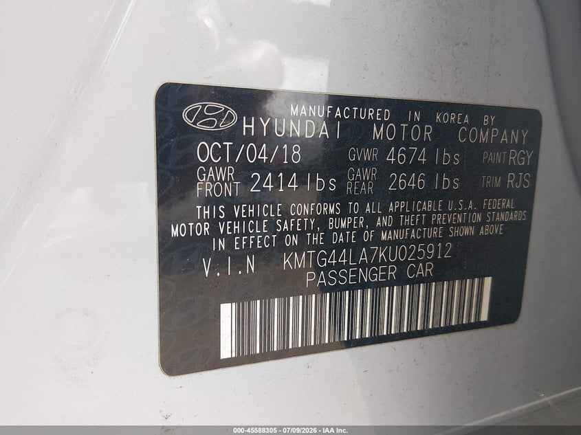 2019 Genesis G70 VIN KMTG44LA7KU025912 IAAI salvage auction — FRONT END, Salvage (Louisiana), sold $25 on 2026-07-29 (photo 9)