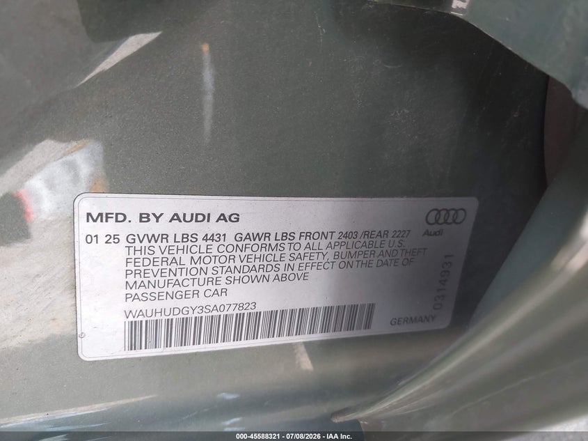 2025 Audi A3 VIN WAUHUDGY3SA077823 IAAI salvage auction — FRONT END, Salvage Title, sold $5,100 on 2026-08-01 (photo 9)
