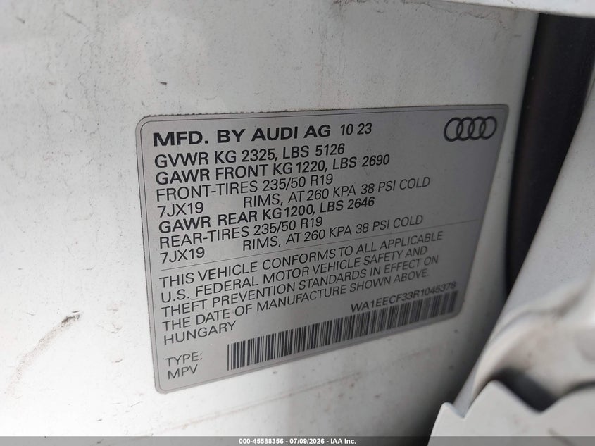 2024 Audi Q3 VIN WA1EECF33R1045378 IAAI salvage auction — FRONT & REAR, Salvage (Pennsylvania), sold $12,000 on 2026-08-18 (photo 9)