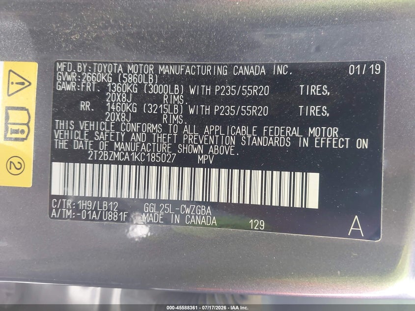 2019 Lexus Rx VIN 2T2BZMCA1KC185027 IAAI salvage auction — REAR END, Salvage Title, sold $14,600 on 2026-07-30 (photo 9)