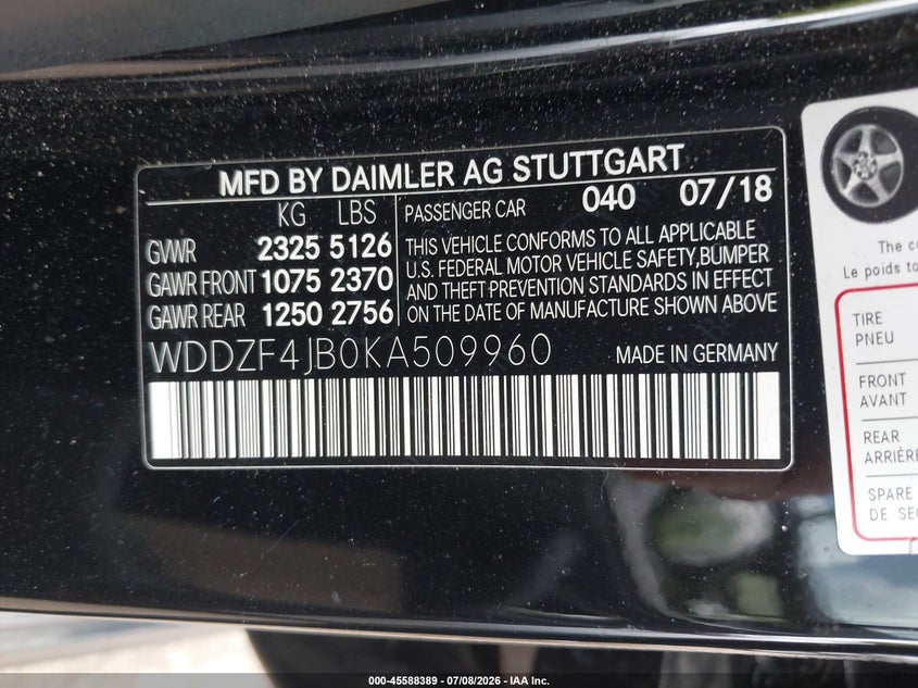 2019 Mercedes-benz E-klasse VIN WDDZF4JB0KA509960 IAAI salvage auction — WATER/FLOOD, Salvage Title, sold $4,750 on 2026-07-23 (photo 9)
