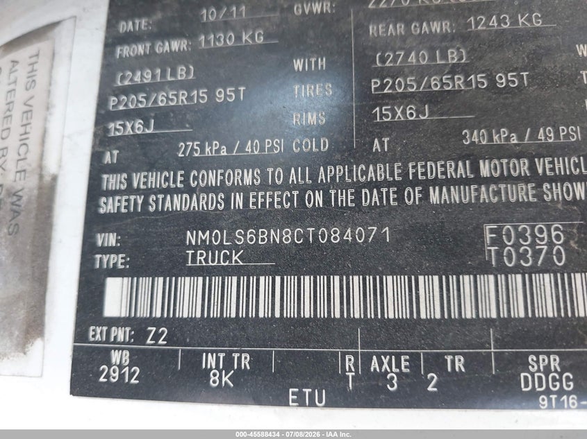 2012 Ford Transit VIN NM0LS6BN8CT084071 IAAI salvage auction — REAR END, Clear (Indiana), sold $475 on 2026-07-15 (photo 9)