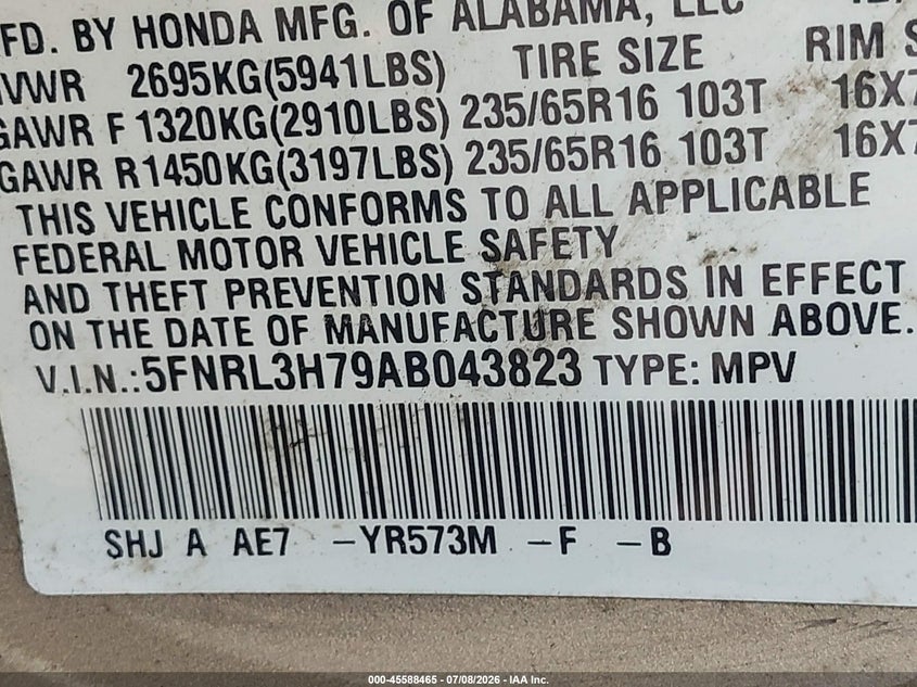 2010 Honda Odyssey VIN 5FNRL3H79AB043823 IAAI salvage auction — NORMAL WEAR, Clear (Maryland), sold $700 on 2026-07-26 (photo 9)