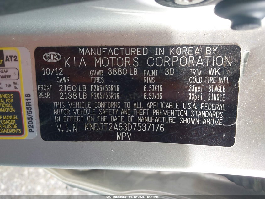 2013 Kia Soul VIN KNDJT2A63D7537176 IAAI salvage auction — NORMAL WEAR, Clear (Kansas), sold $1,175 on 2026-07-29 (photo 9)