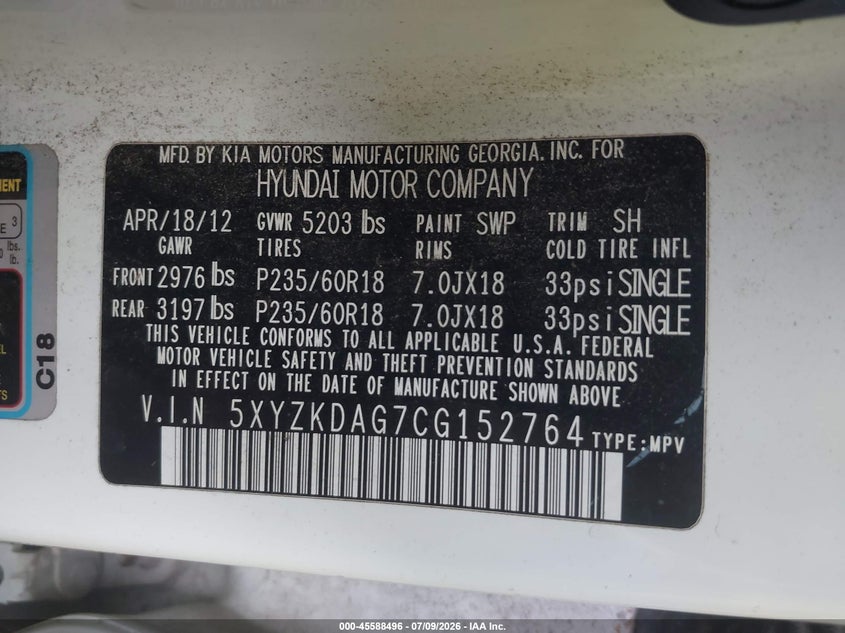 2012 Hyundai Santa fe VIN 5XYZKDAG7CG152764 IAAI salvage auction — FRONT END, Rebuildable (Florida), sold $525 on 2026-07-28 (photo 9)