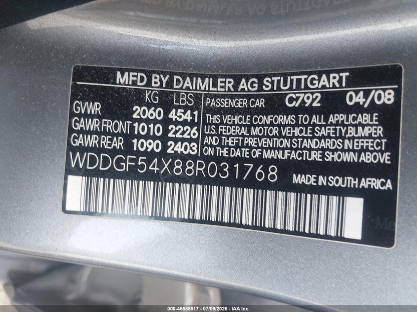 2008 Mercedes-benz C class VIN WDDGF54X88R031768 IAAI salvage auction — RIGHT SIDE, Salvage (Georgia), sold $750 on 2026-08-05 (photo 9)