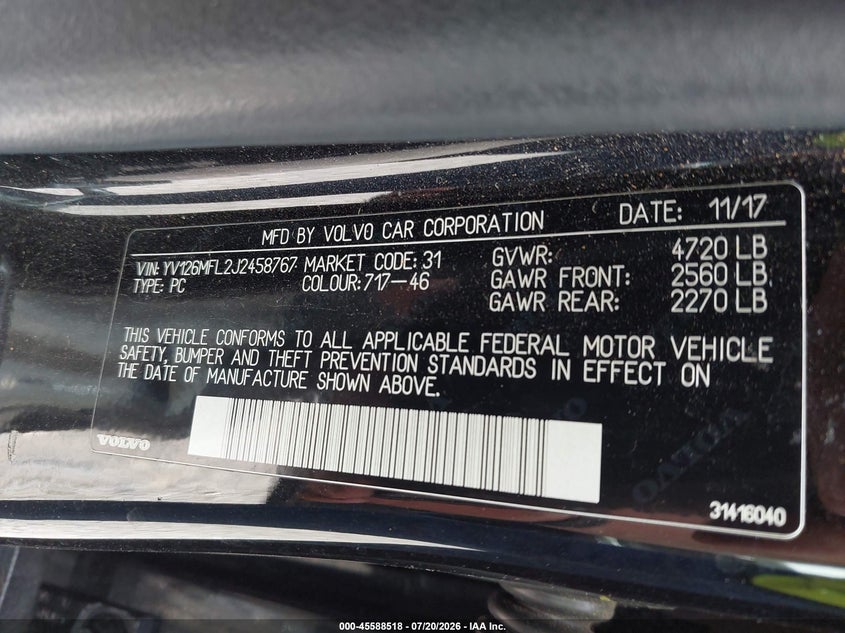 2018 Volvo S60 VIN YV126MFL2J2458767 IAAI salvage auction — FRONT & REAR, Wait Title, sold $450 on 2026-08-18 (photo 9)