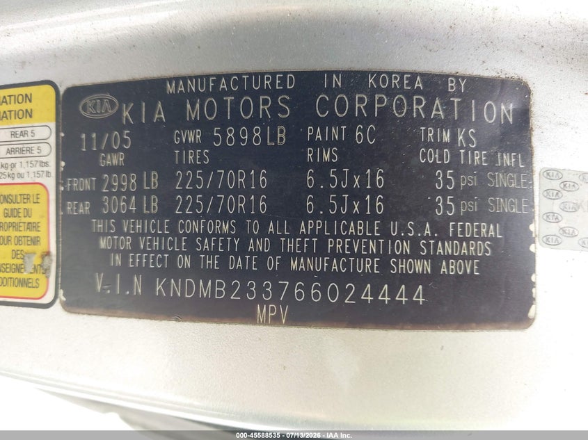 2006 Kia SEDONA VIN KNDMB233766024444 IAAI salvage auction — NORMAL WEAR, Clear-Dealer Only (North Carolina), sold $25 on 2026-07-21 (photo 9)