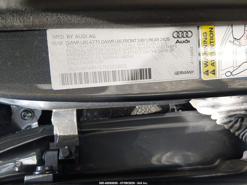 2007 Audi A4 VIN WAUAF48H57K020602 IAAI salvage auction — NORMAL WEAR, Clear (Tennessee), sold $8,100 on 2026-07-16 (photo 9)