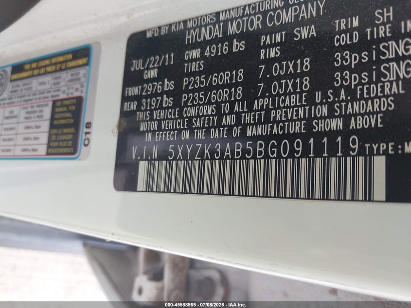 2011 Hyundai Santa fe VIN 5XYZK3AB5BG091119 IAAI salvage auction — NORMAL WEAR, Original (Texas), sold $525 on 2026-07-17 (photo 9)