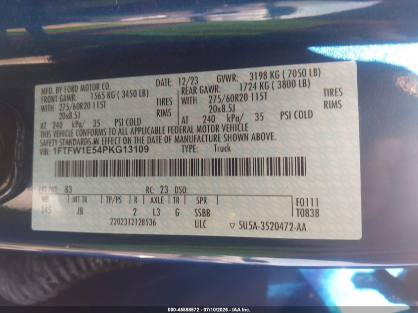 2023 Ford F-150 VIN 1FTFW1E54PKG13109 IAAI salvage auction — FRONT END, Salvage Title, sold $7,800 on 2026-09-04 (photo 9)