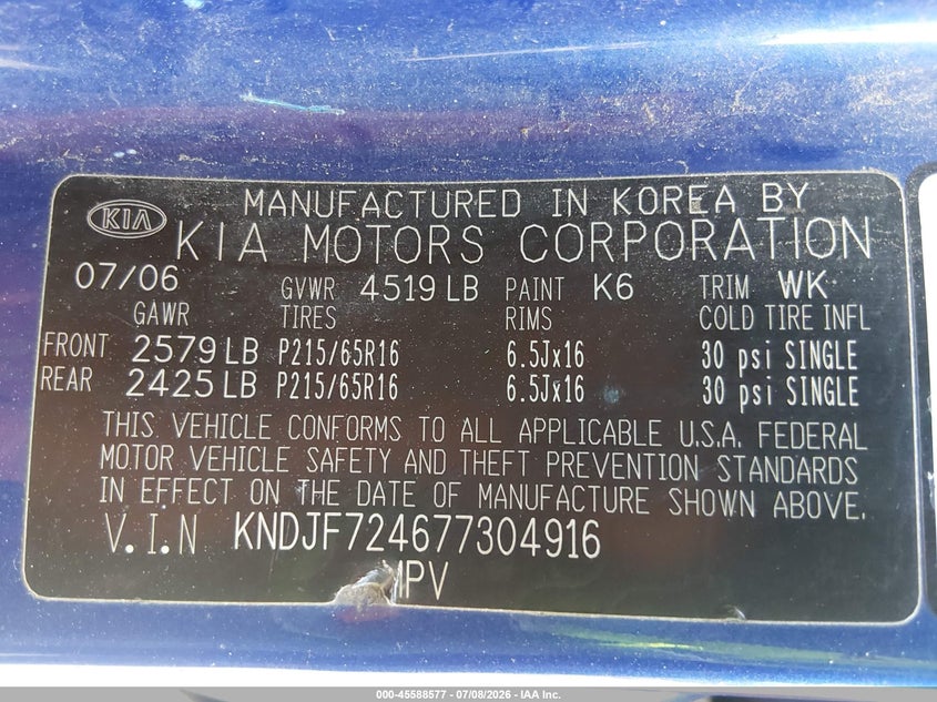 2007 Kia Sportage VIN KNDJF724677304916 IAAI salvage auction — NORMAL WEAR, Clear (Missouri), sold $550 on 2026-07-29 (photo 9)