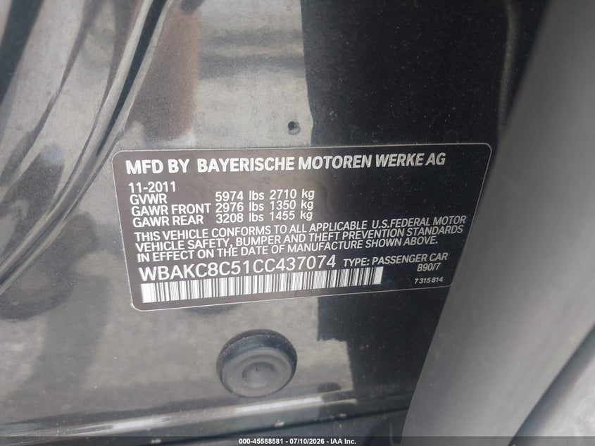 2012 BMW 7er VIN WBAKC8C51CC437074 IAAI salvage auction — NORMAL WEAR, Clear (Illinois), sold $975 on 2026-07-29 (photo 9)
