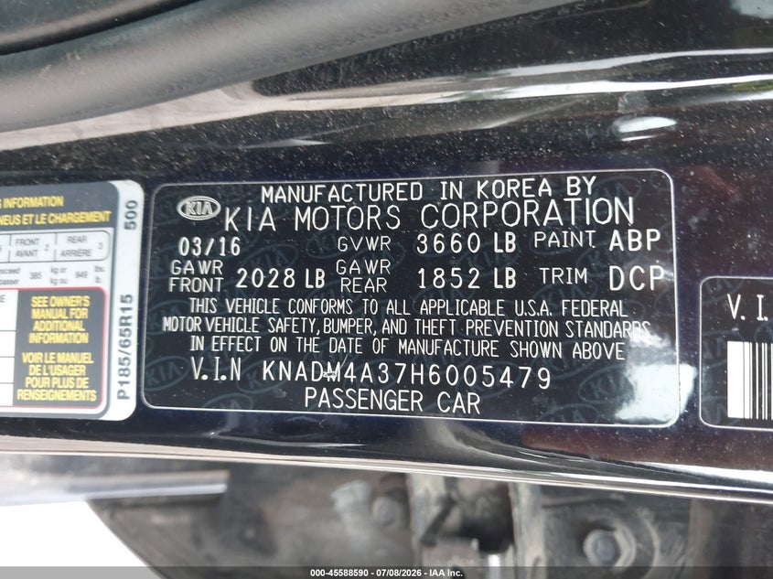 2017 Kia Rio VIN KNADM4A37H6005479 IAAI salvage auction — NORMAL WEAR, Clear (Virginia), sold $325 on 2026-07-24 (photo 9)