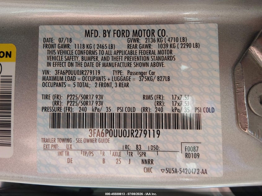 2018 Ford Fusion VIN 3FA6P0UU0JR279119 IAAI salvage auction — NORMAL WEAR, Sf97 (Washington), sold $11,400 on 2026-09-03 (photo 9)