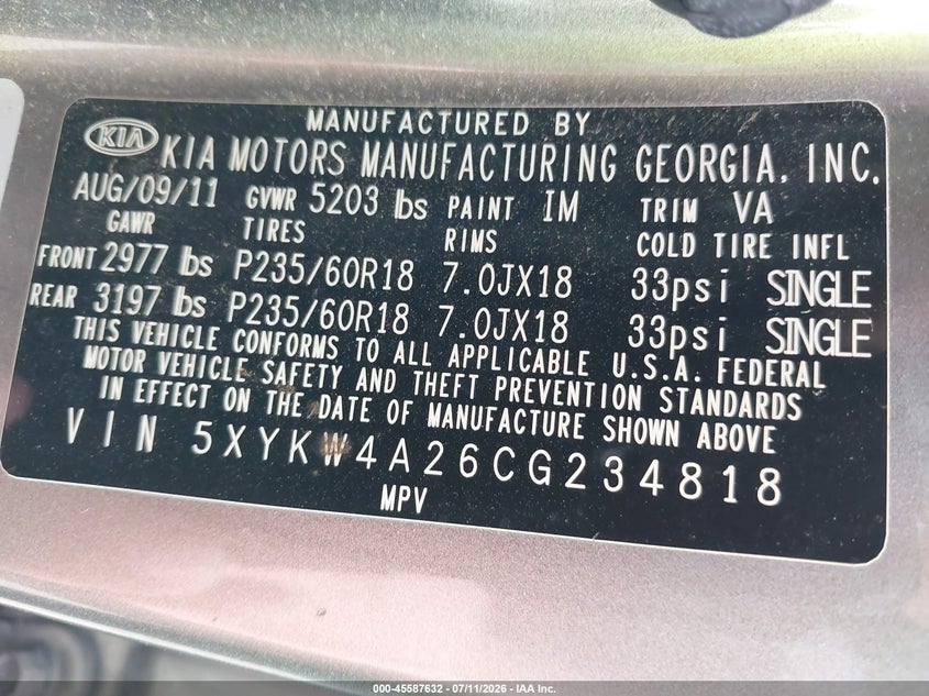 2012 Kia Sorento VIN 5XYKW4A26CG234818 IAAI salvage auction — NORMAL WEAR, Original (Texas), sold $1,400 on 2026-07-29 (photo 9)